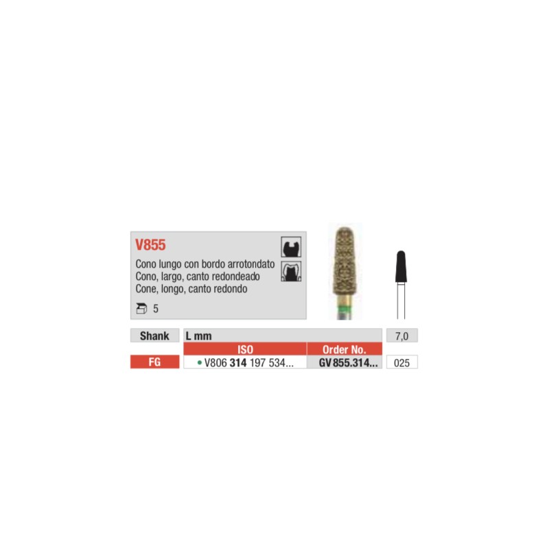 GV855-FG Fresa diamantada en forma de cono largo canto redondeado