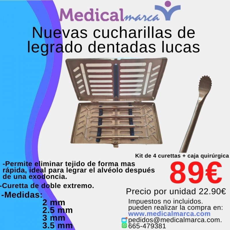 kit 4 curetas lucas + caja quirúrgica