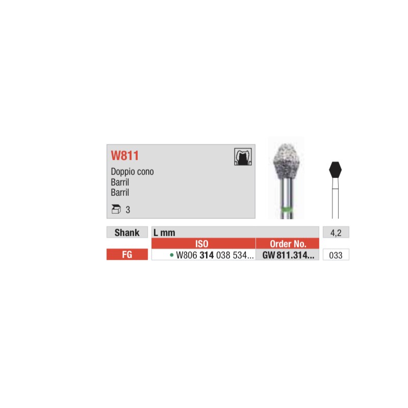 W811-FG Fresa diamantada WHITE TIGER en forma de barril