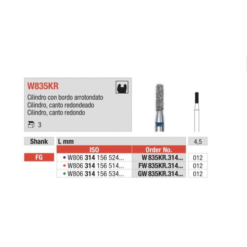 W835KR-FG Fresa diamantada WHITE TIGER en forma de cilindro, canto redondeado