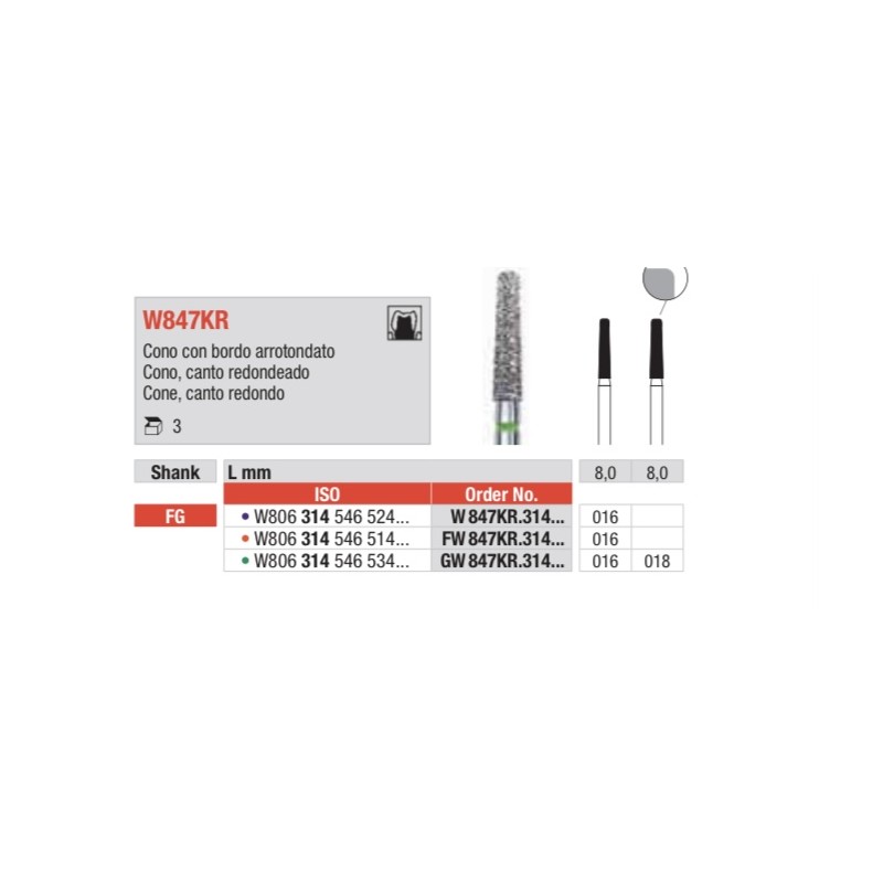 W847KR-FG Fresa diamantada WHITE TIGER en forma de cono canto redondeado