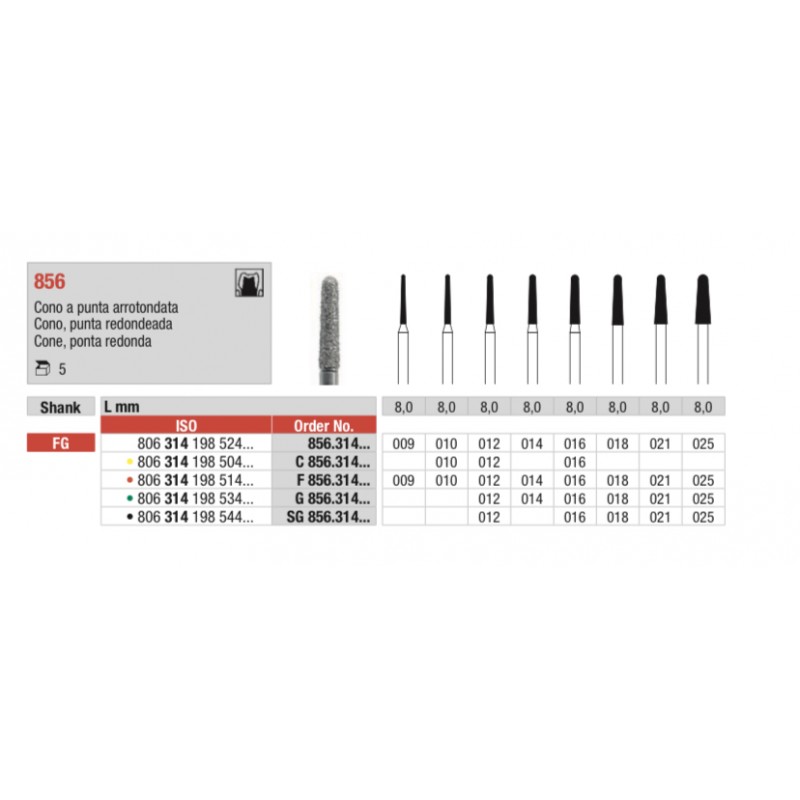 SG856-FG Fresa diamantada grano súper  grueso en forma de cono con punta redondeada