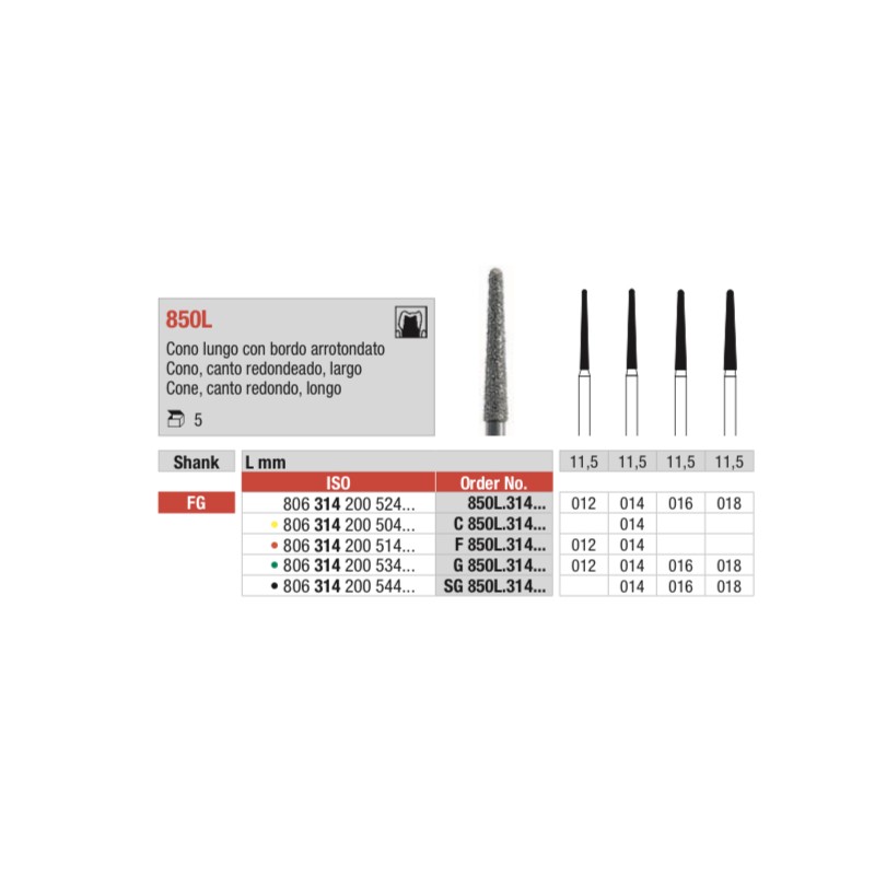 SG850L-FG Fresa diamantada grano súper grueso en forma de cono largo con canto redondo
