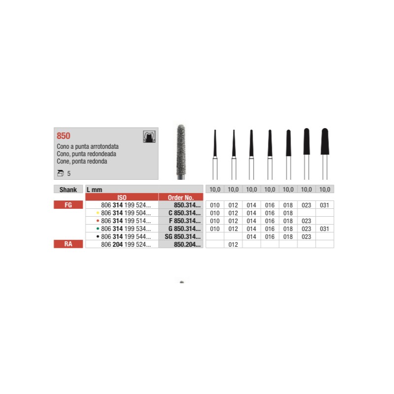 SG850-FG Fresa diamantada grano súper grueso en forma de cono con punta redondeada