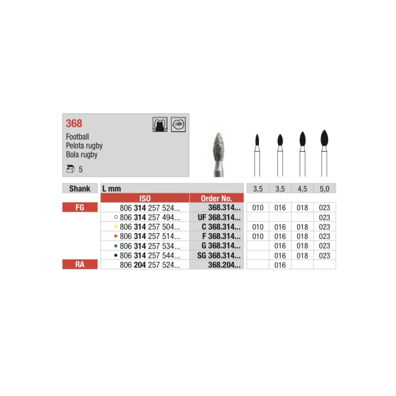 368FG-Fresa diamantada grano medio con forma de balon de rugby.