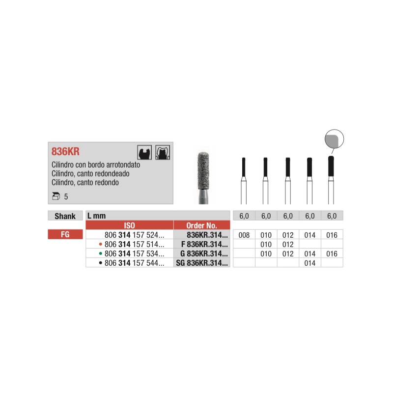 G836KR-FG Fresa diamantada grano grueso cilindrica  con canto redondo