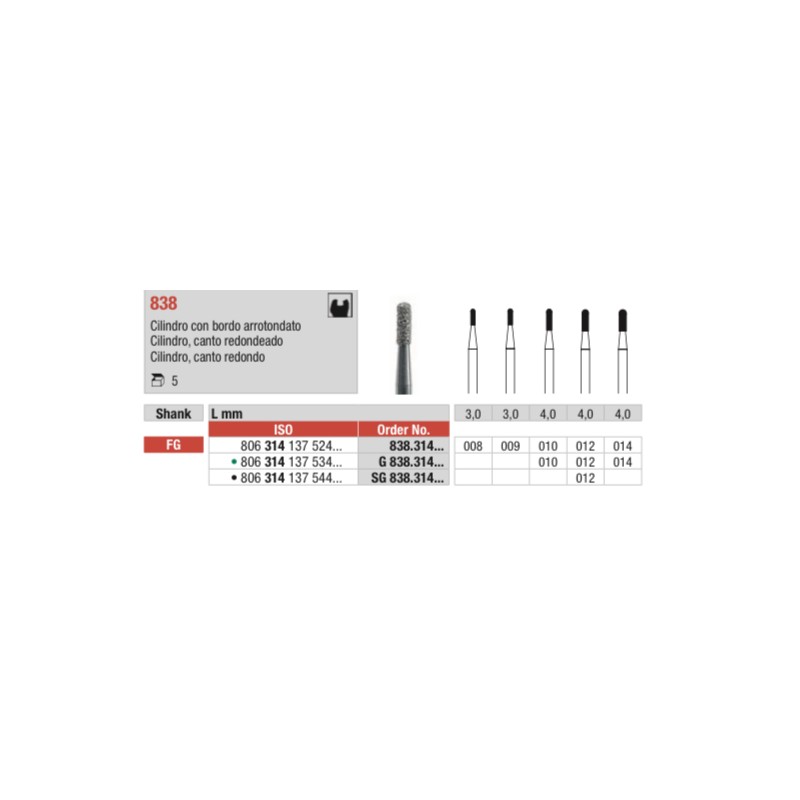 G838-FG Fresa diamantada grano grueso cilindro canto redondeado para cavidades