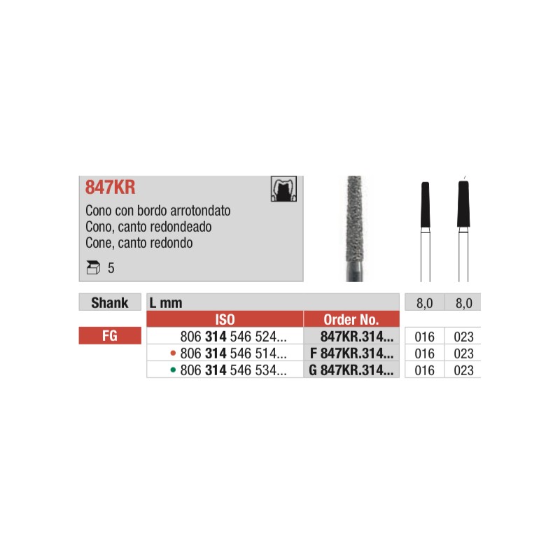 G847KR-FG Fresa diamantada grano grueso forma de cono con canto redondeado