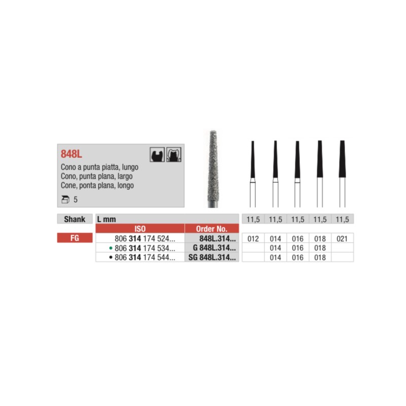 G848L-FG Fresa diamantada grano grueso forma de cono con punta plana y larga