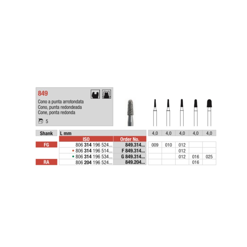 G849-FG Fresa diamantada grano grueso en forma de cono con punta redondeada