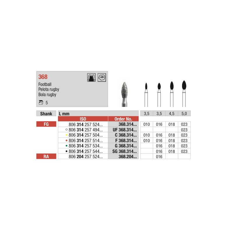 G368-FG Fresa diamantada grano grueso   con forma de balon de rugby.