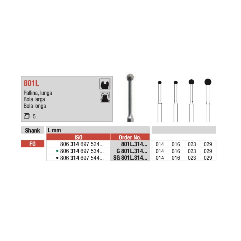G801L-FG Fresa de bola diamantada grano grueso larga