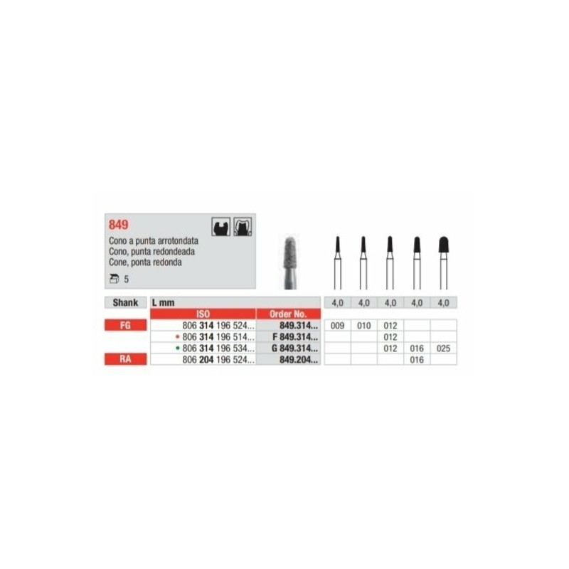 849-FG Fresa diamantada grano medio en forma de cono con punta redondeada