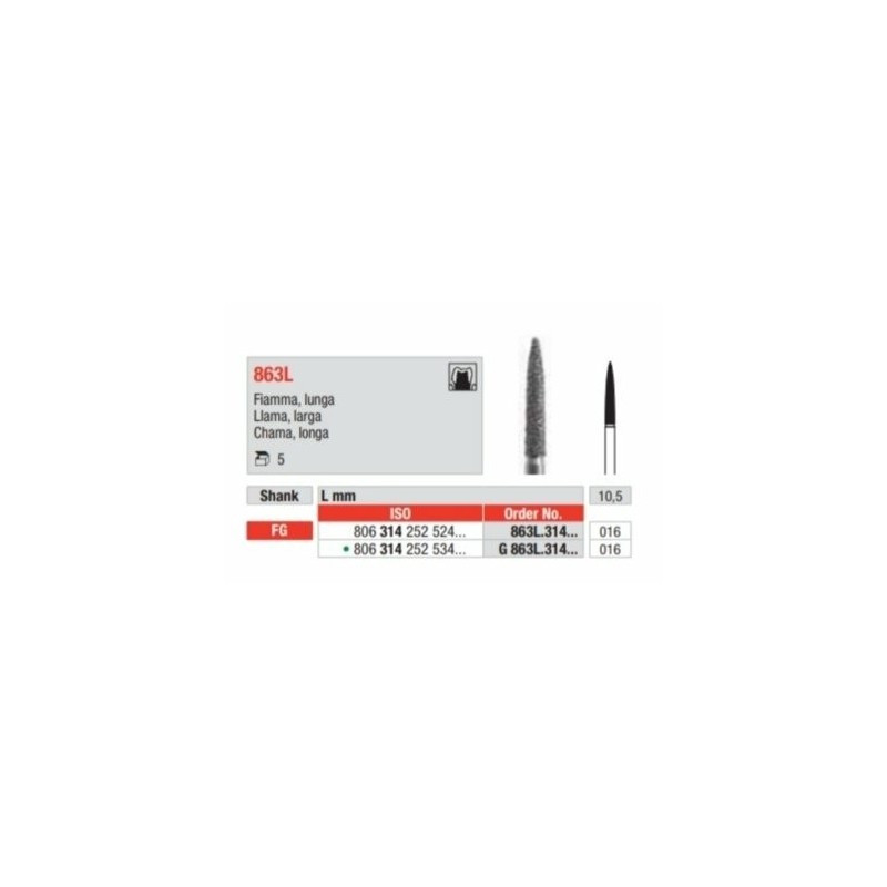 863L-FG Fresa diamantada grano medio   en forma de llama larga.