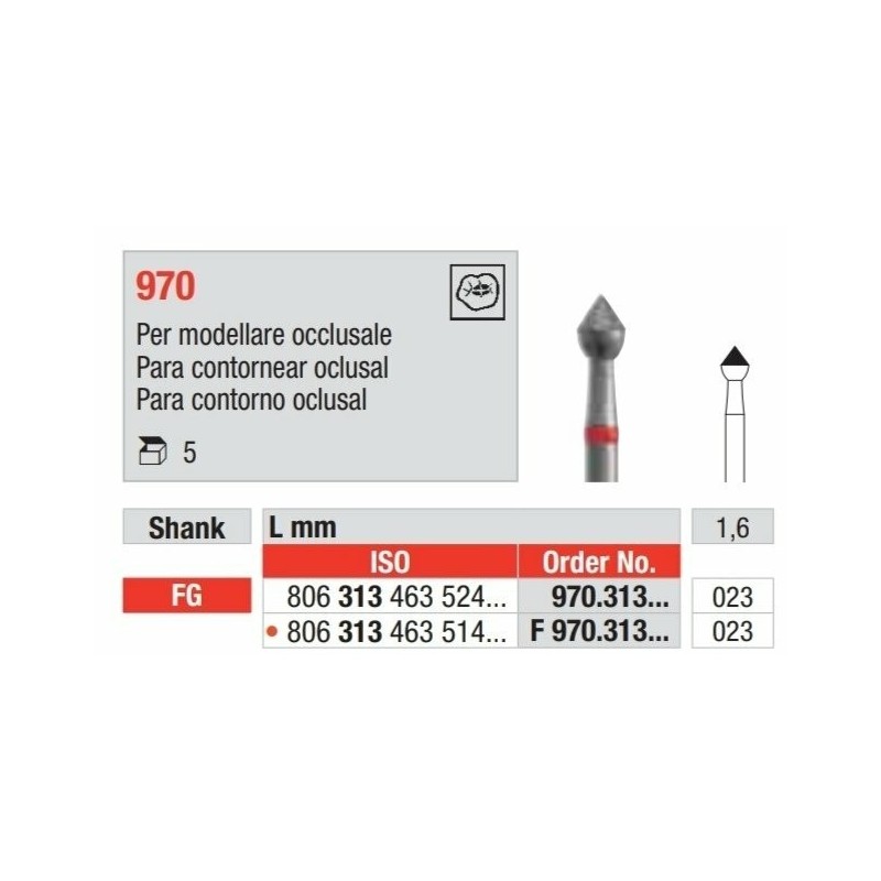 970-023-FGM Fresa diamantada grano medio para contornear caras oclusares.