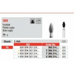 C369-025-FG Fresa diamantada grano super fino con forma de balon de rugby con punta redondeada.