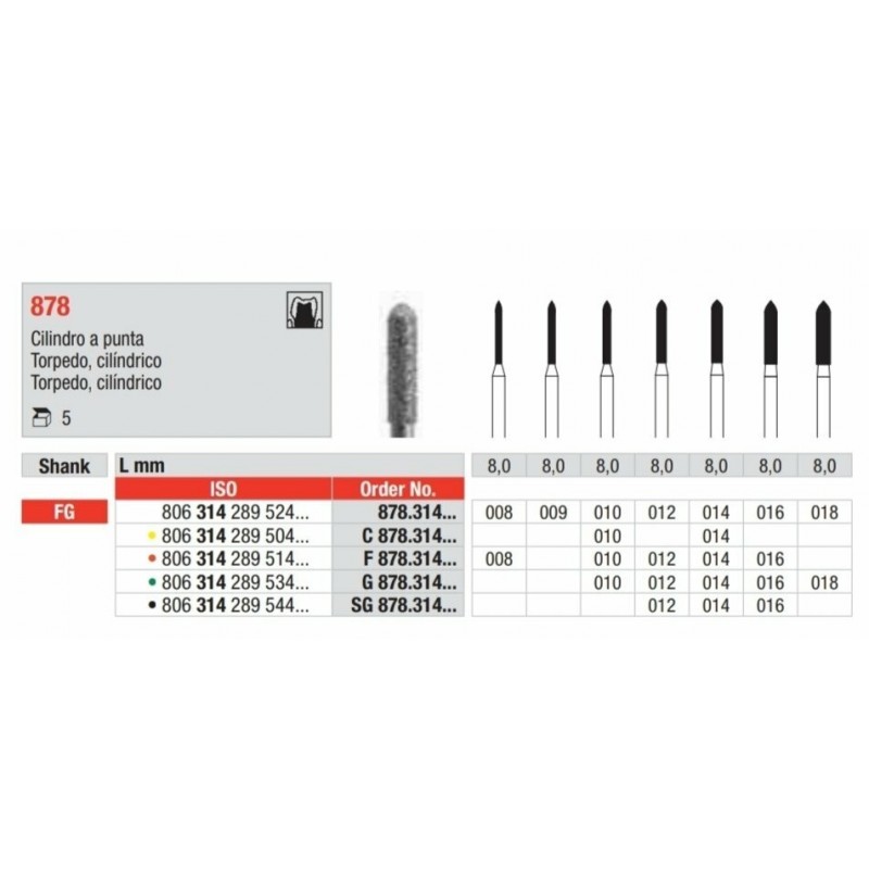 C878-FG Fresa diamantada grano super fino en forma de cilindro con punta acabada como un torpedo