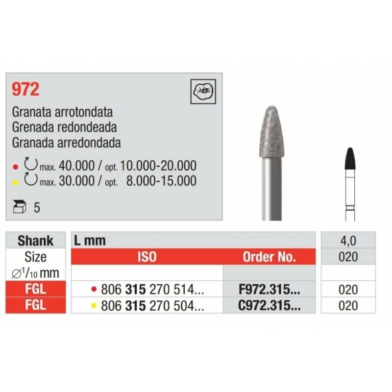 C972-020-FGL Fresa diamantada grano super  fino en forma de grana redondeada.