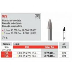 F972-020-FGL Fresa diamantada grano fino en forma de grana redondeada.