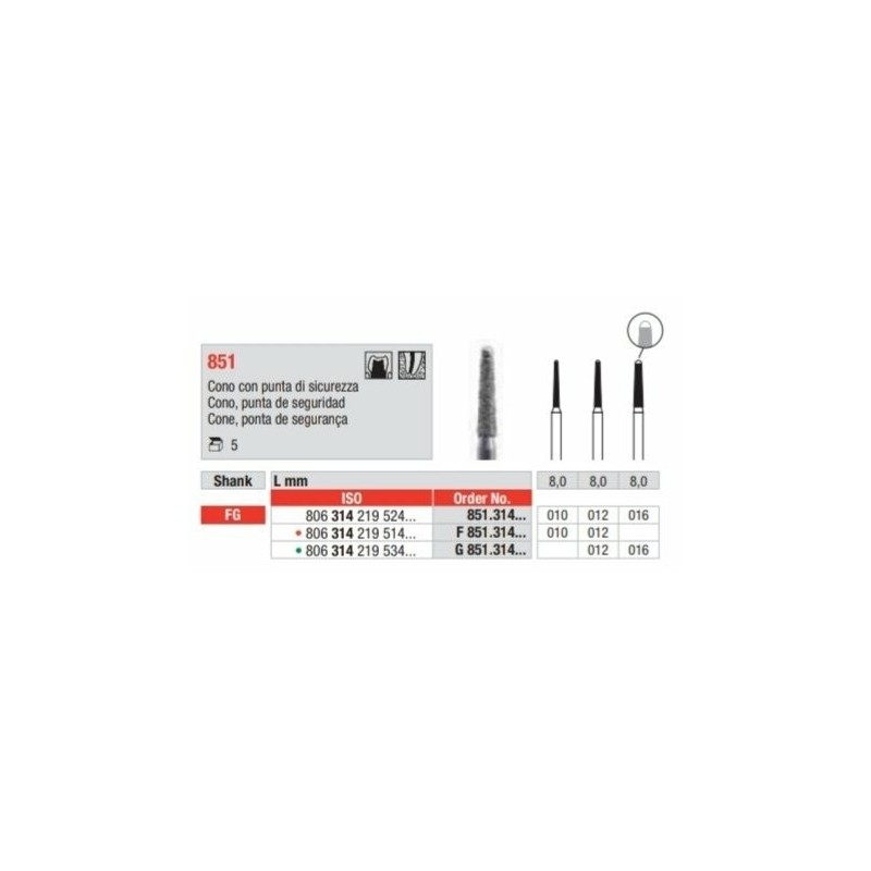 G851-FG Fresa diamantada grano grueso en forma de cono con punta inactiva