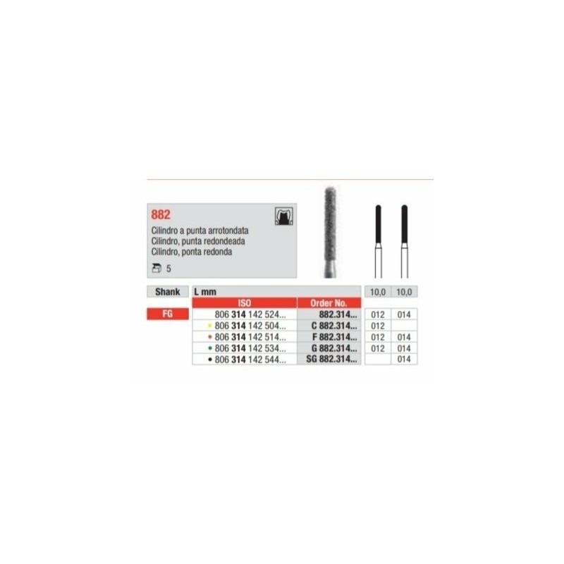 G882-FG Fresa diamantada grano grueso en forma de cilindro  y con punta redondeada.