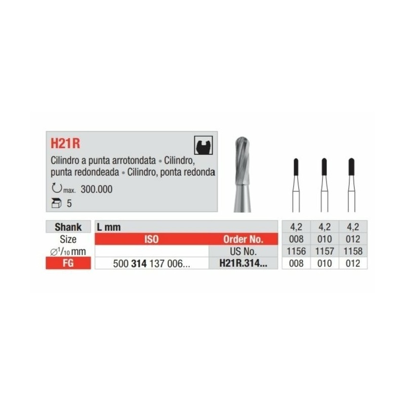 H21R-FG Fresa carburo tungsteno forma de cilindro con punta redondeada