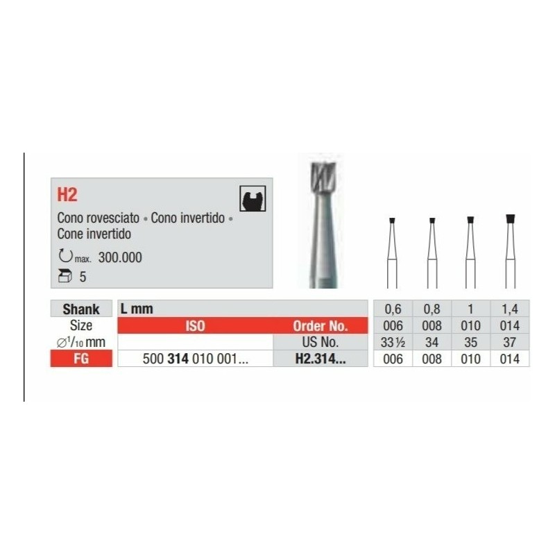 H2-FG Fresa Cono invertido en carburo de tungsteno para cavidades