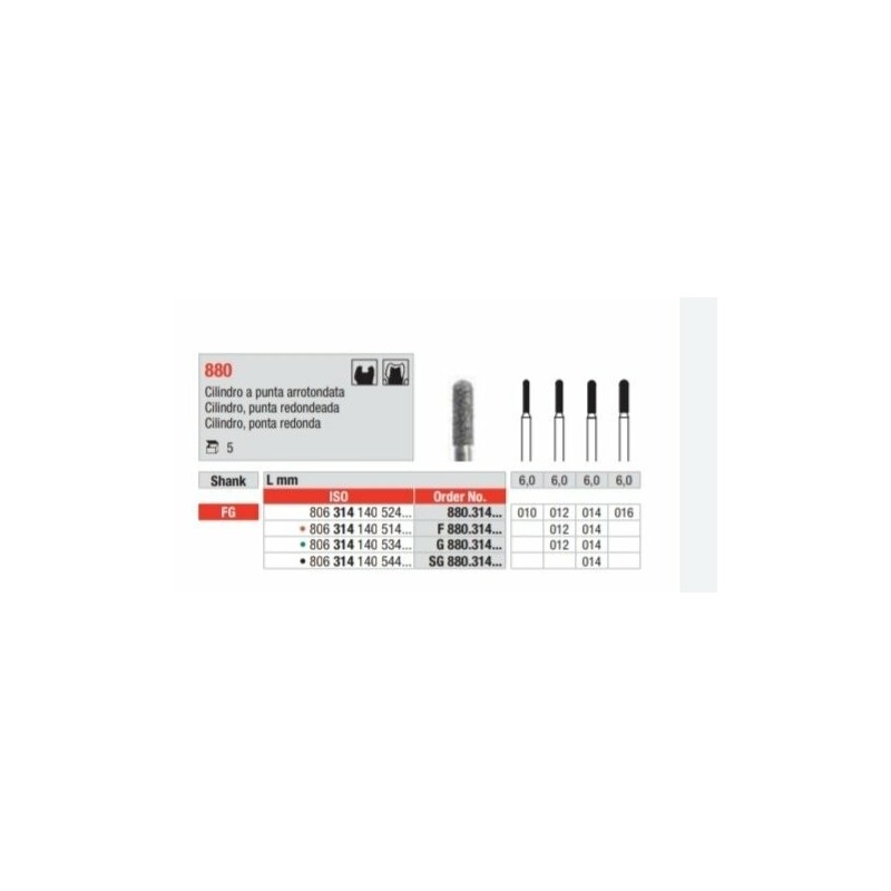 SG880-FG Fresa diamantada grano super  grueso   forma de cilindro con punta redondeada