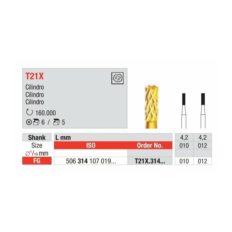 T21X-FG Fresa con recubrimiento de tin para remocion sencilla de amalgama y composite. Forma de cilindro