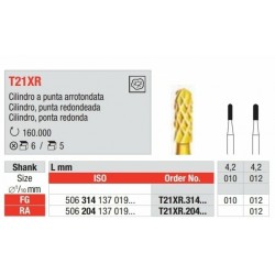 T21XR-FG Fresa con recubrimiento de tin para remocion sencilla de amalgama y composite. Forma cilindro de punta redondeada