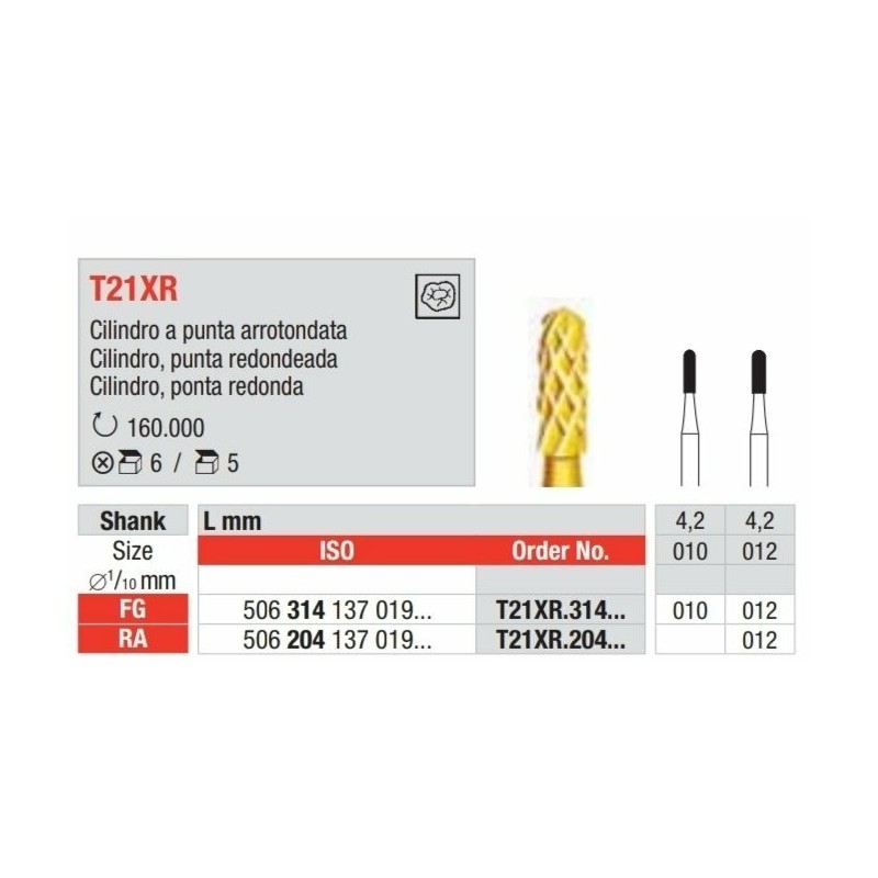 T21XR-FG Fresa con recubrimiento de tin para remocion sencilla de amalgama y composite. Forma cilindro de punta redondeada