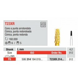 T23XR-FG Fresa con recubrimiento de tin para remocion sencilla de amalgama y composite. Forma conica de punta redondeada