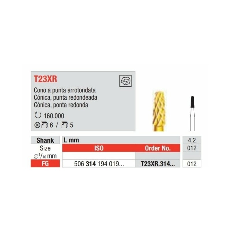 T23XR-FG Fresa con recubrimiento de tin para remocion sencilla de amalgama y composite. Forma conica de punta redondeada