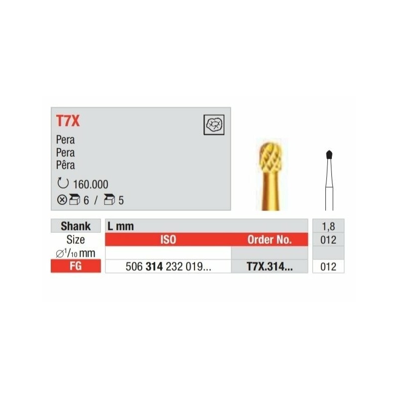 T7X-FG Fresa con recubrimiento de tin para remocion sencilla de amalgama y composite. Forma de pera