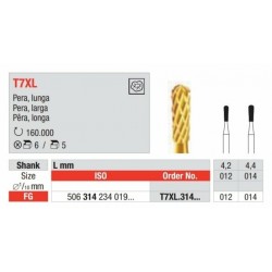 T7XL-FG Fresa con recubrimiento de tin para remocion sencilla de amalgama y composite. Forma de pera larga