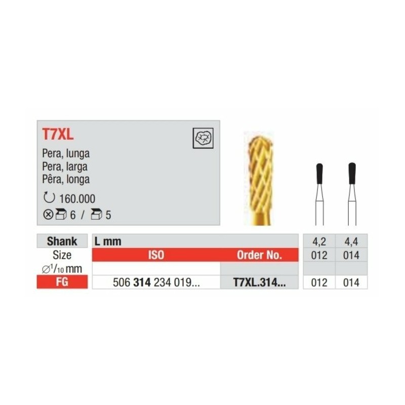 T7XL-FG Fresa con recubrimiento de tin para remocion sencilla de amalgama y composite. Forma de pera larga