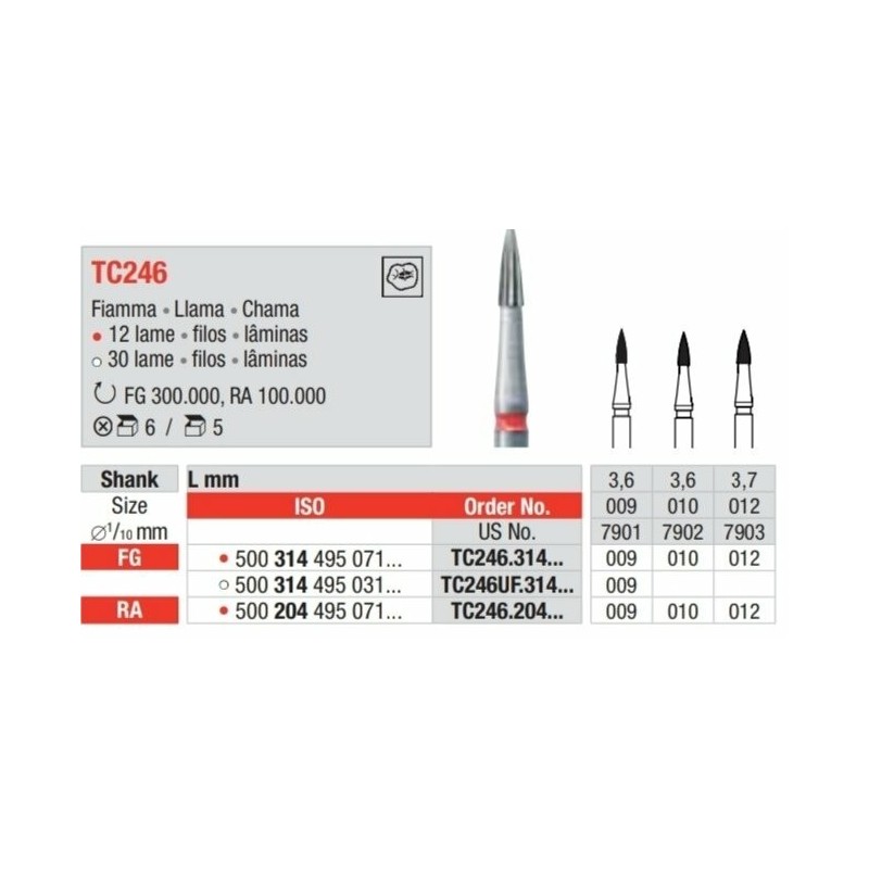 TC246-FG Fresa carburo de tungsteno multilamina  en forma de llama pequeÃ±a.