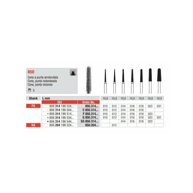 G850-031-FG Fresa diamantada grano grueso en forma de cono con punta redonda