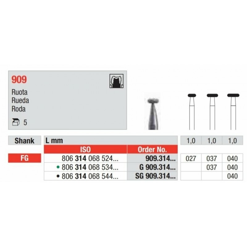 909-FG Fresa diamantada grano medio con forma de rueda.